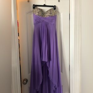 Purple Sherry Hill high/low prom dress with sequined bodice. Size 4.